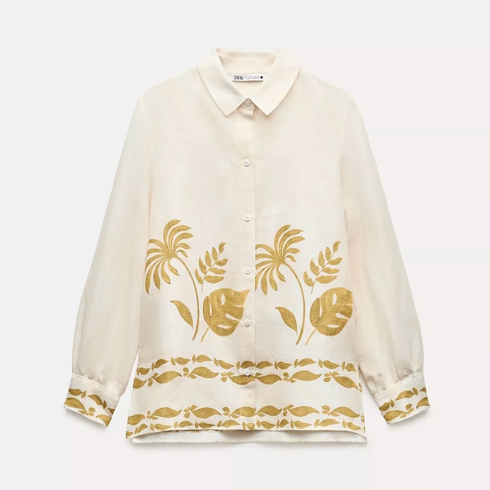 Zara Collection linen blend Cream Shirt with Gold Botanical Design